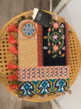 Embroidered Canvas Clutch with Coral Tassel Trim
